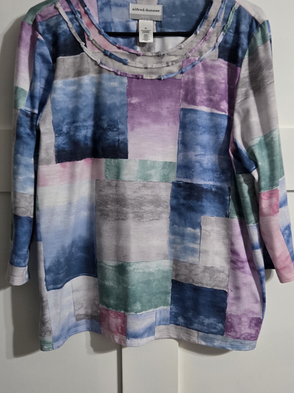 Alfred Dunner Multicolor Patchwork-Print Long Sleeve Scoop Neck Top